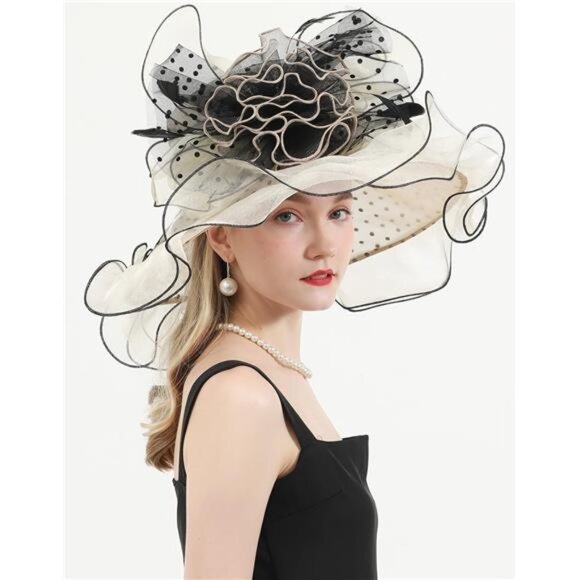 Women Hat Wide Brim Tea Party Fascinator Beige